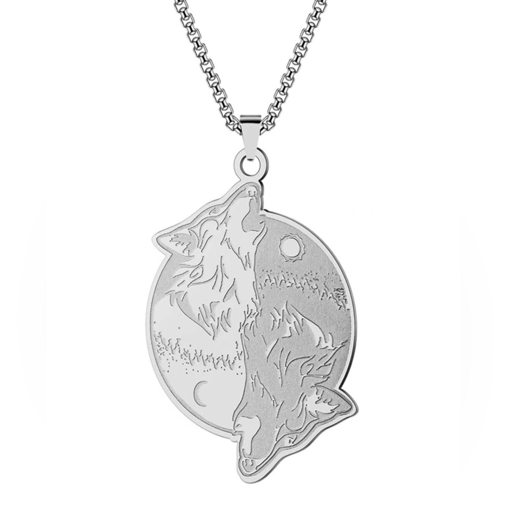 Yin Yang Wolf- Howl Night Day Light Dark Sun Moon Wildlife Silver Steel Necklace - Picture 3 of 4